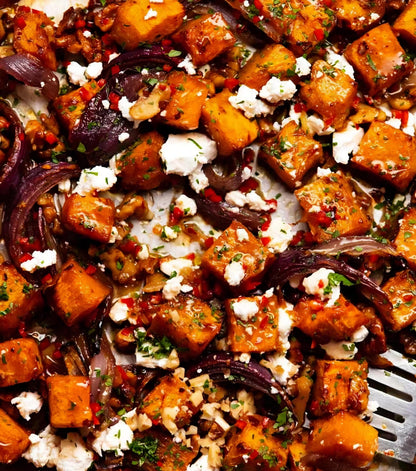 Maple Roasted Pumpkin & Sweet Potato with Chili and Feta