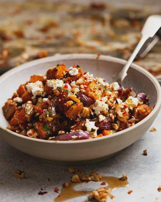 Maple Roasted Pumpkin & Sweet Potato with Chili and Feta